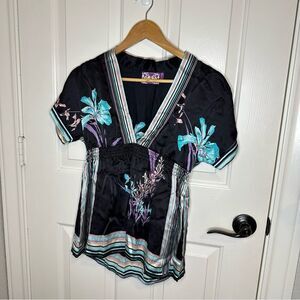 Y2K Yumi Kim 100% Silk Black Multicolor Floral V-Neck Oriental Style Blouse Sz S